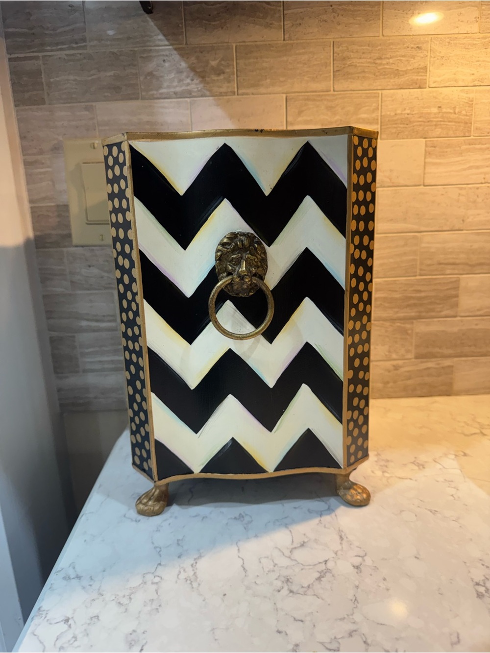 MacKenzie-Childs Black and Cream Chevron Waste Bin with Gold Accents
